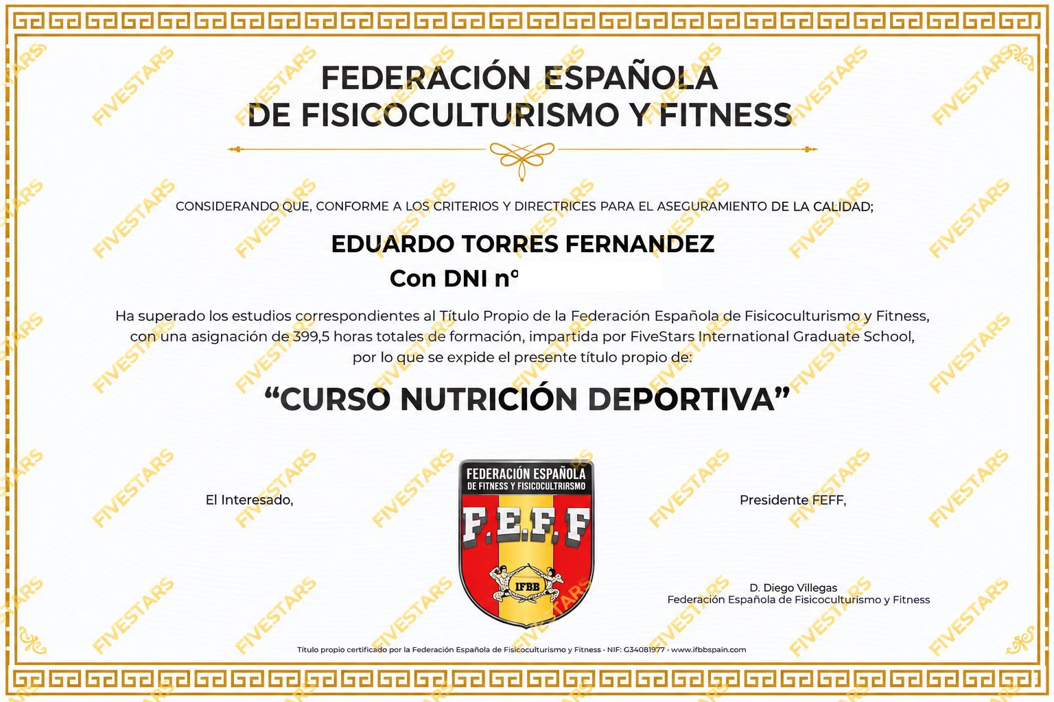 Título de Curso Nutrición Deportiva expedido por la Federación Española de Fisicoculturismo y Fitness