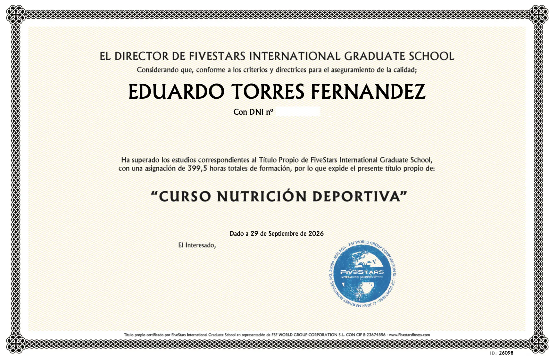 Título de Curso Nutrición Deportiva expedido por FiveStars International Graduate School