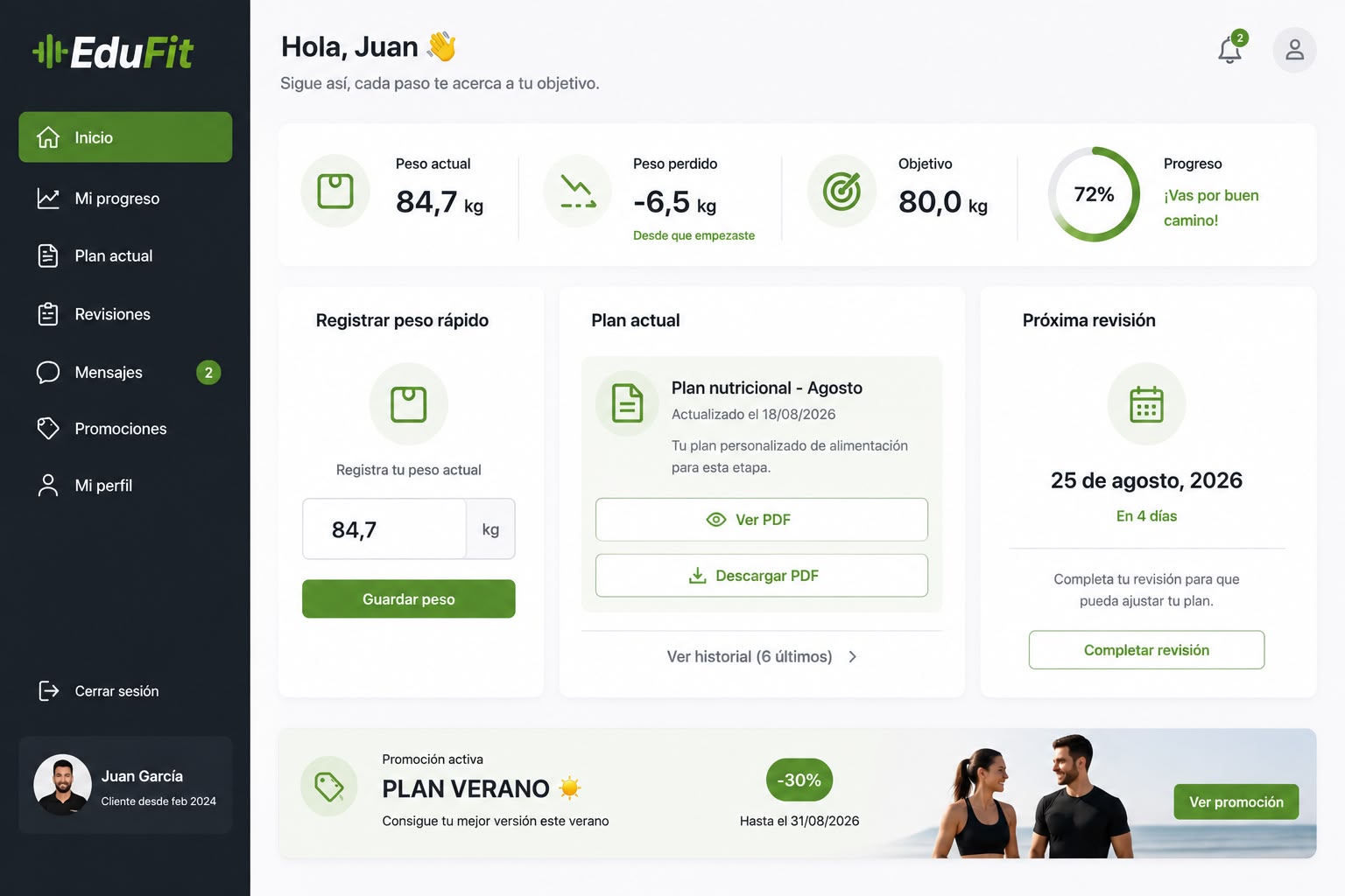 Panel de la app privada de EduFit con progreso, plan y próxima revisión